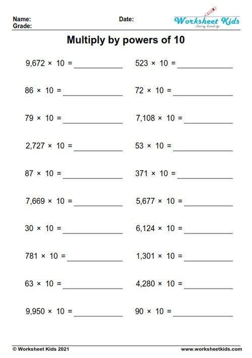 Practice multiplying by powers of 10 with this engaging worksheet for grade 4 Worksheet for multiplying numbers by various powers of 10 for fourth grade students