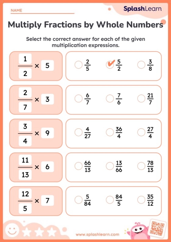 Fifth grade math worksheet featuring 14 equations to practice multiplying whole numbers by fractions