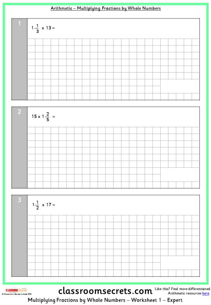 Fifth grade math worksheet showing multiplication problems with whole numbers and fractions for image 6