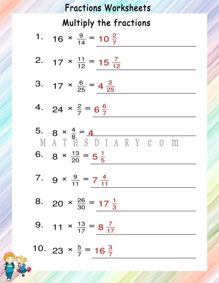 Fifth grade math worksheet featuring fourteen equations for multiplying a whole number by a fraction