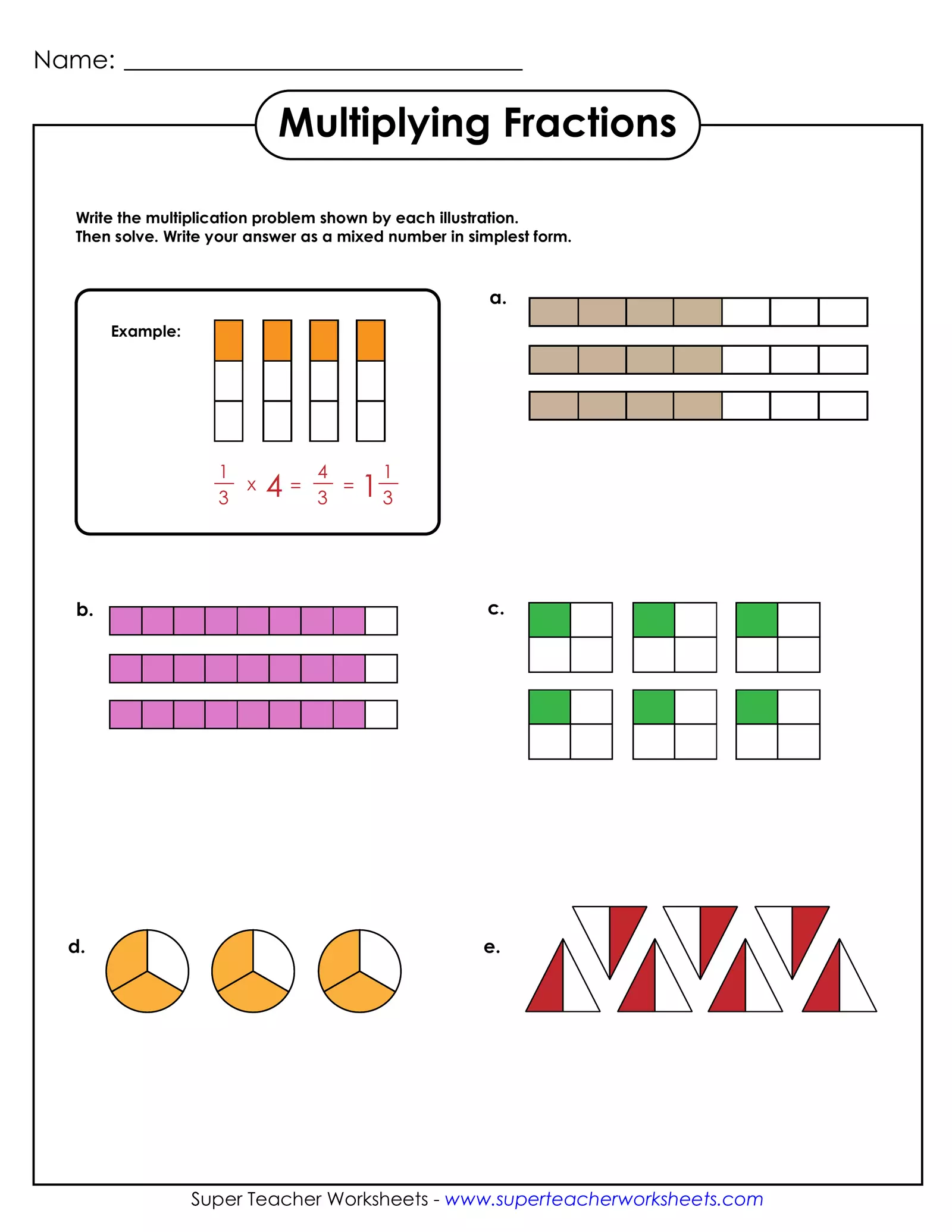 Fifth grade math worksheet featuring 14 problems on multiplying whole numbers by fractions