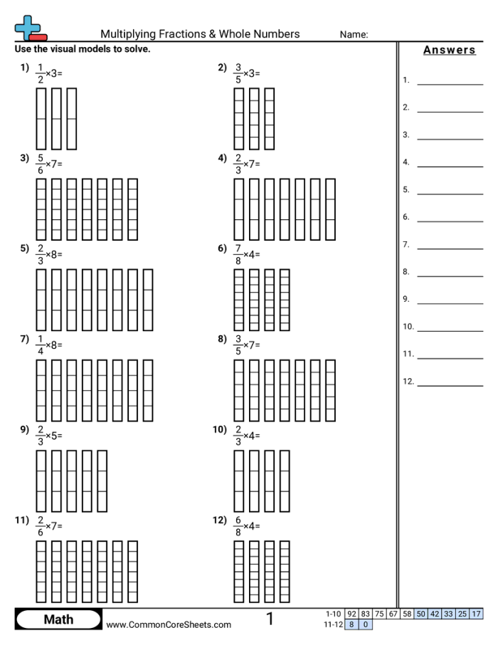 Fifth grade math worksheet featuring 14 problems on multiplying whole numbers by fractions