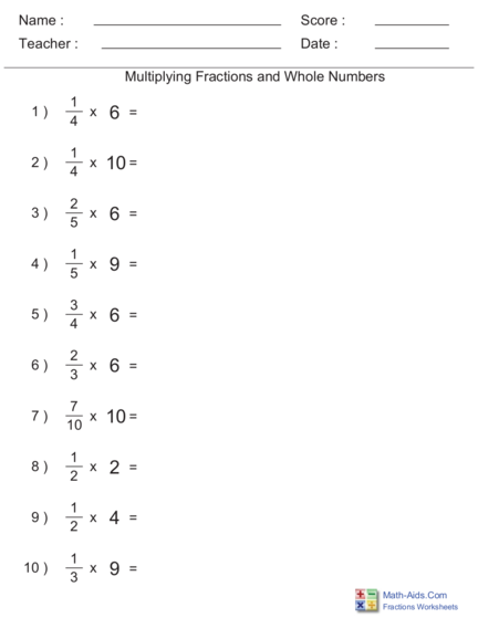 Fifth grade math worksheet showing steps for multiplying whole numbers by fractions with 14 practice problems to solve