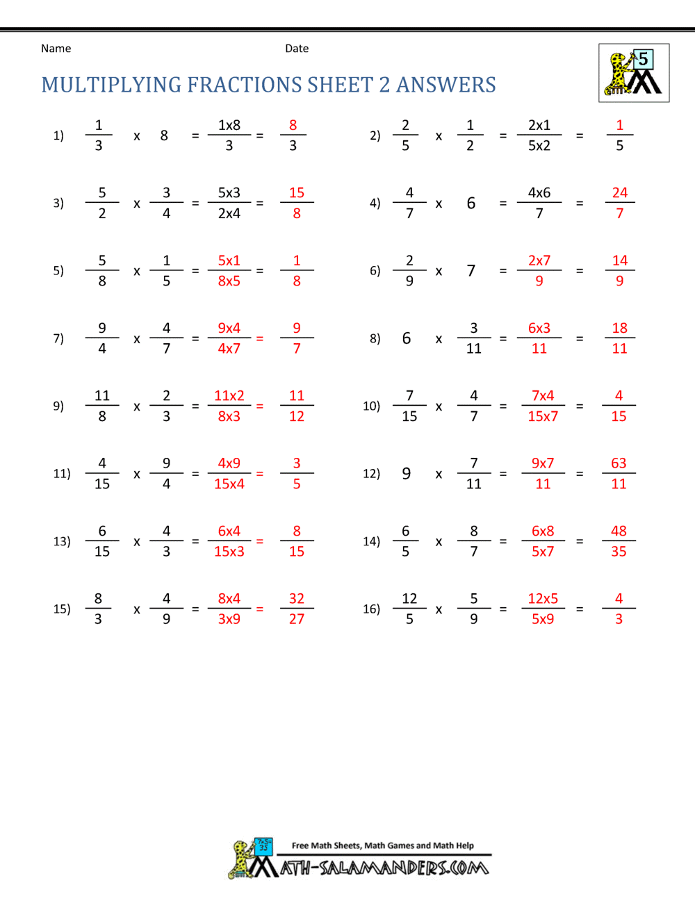 Fifth grade student completing a worksheet on multiplying whole numbers by fractions with 14 math problems