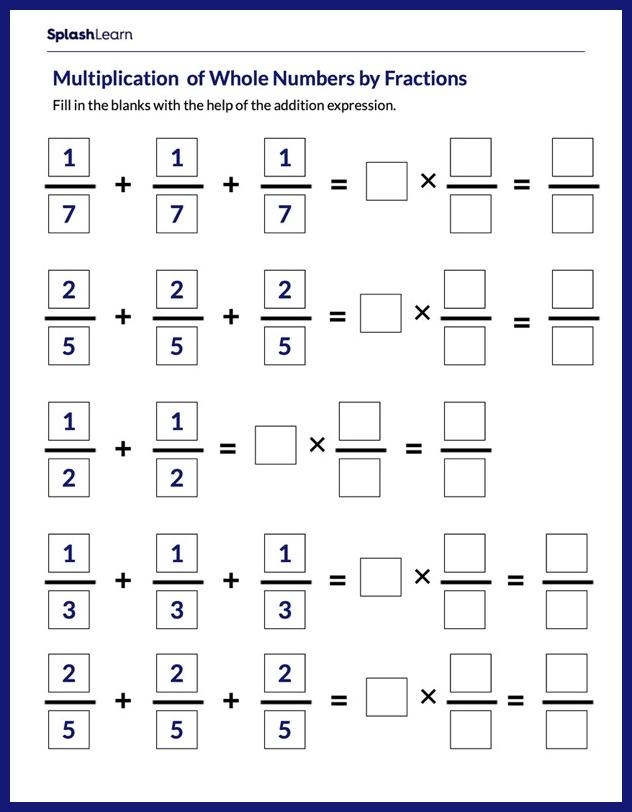 Fifth grade worksheet for multiplying whole numbers by fractions featuring fourteen practice problems