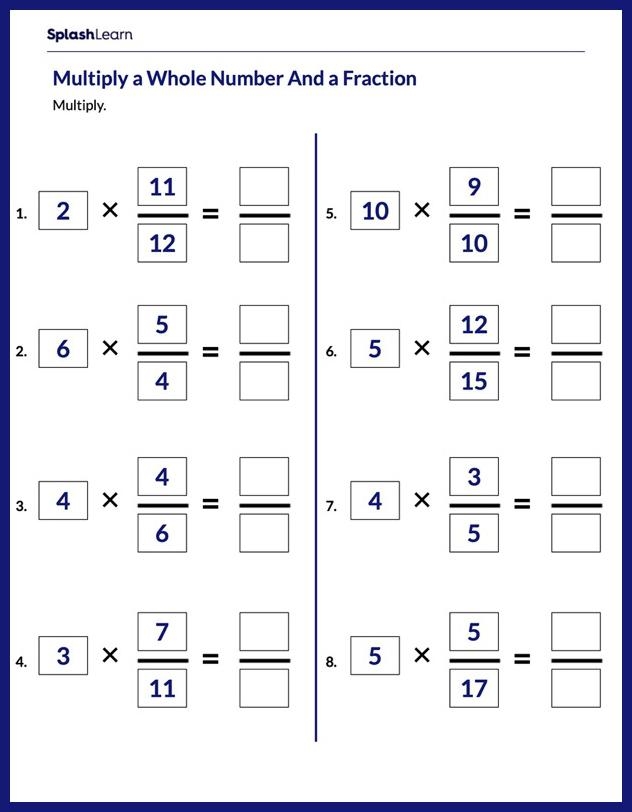 Fifth grade student worksheet for practicing multiplying whole numbers by fractions with 14 equations