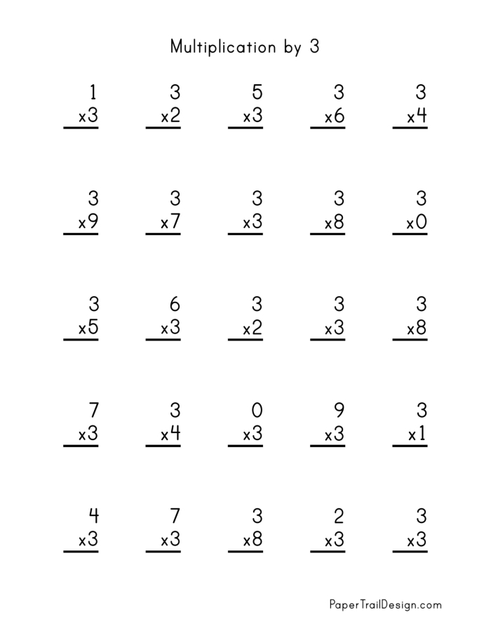 Chocolate chip multiplication models for teaching third graders how to multiply by 3 Third grade students using chocolate chips as visual models to solve six multiplication by 3 problems on a math worksheet