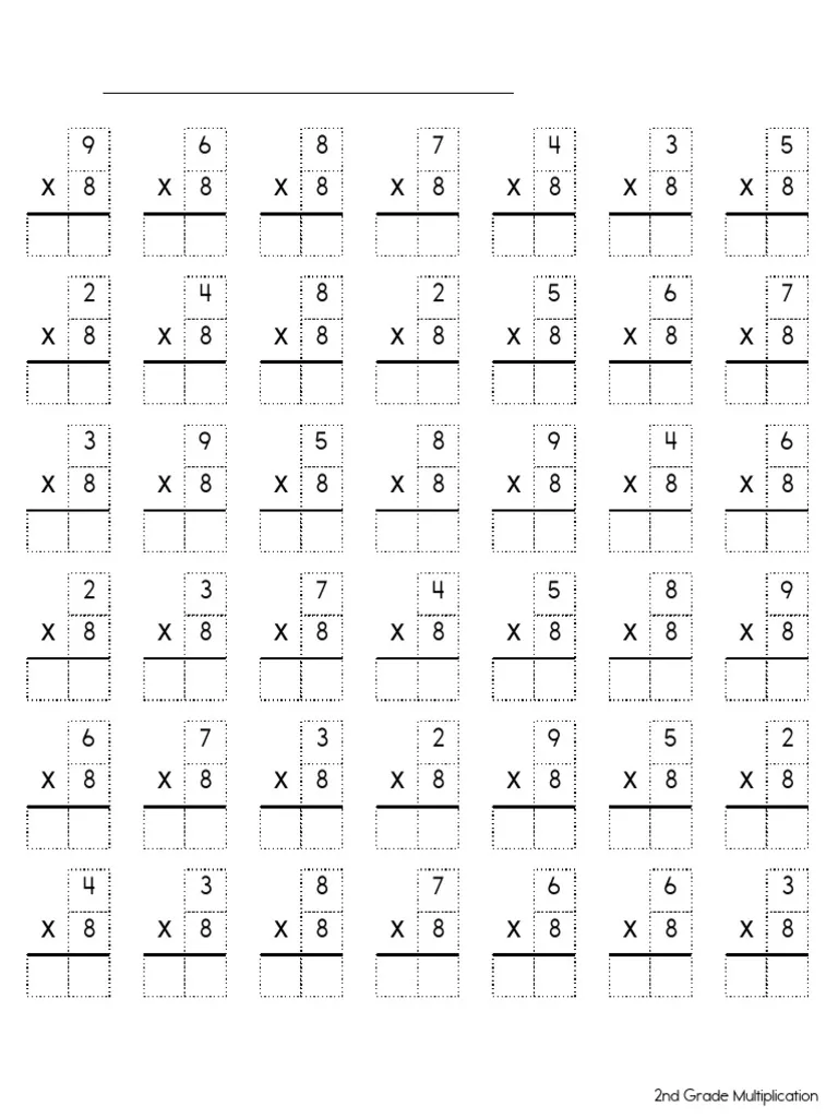 Third grade student filling out a math worksheet to practice multiplying by eight and completing a times table chart