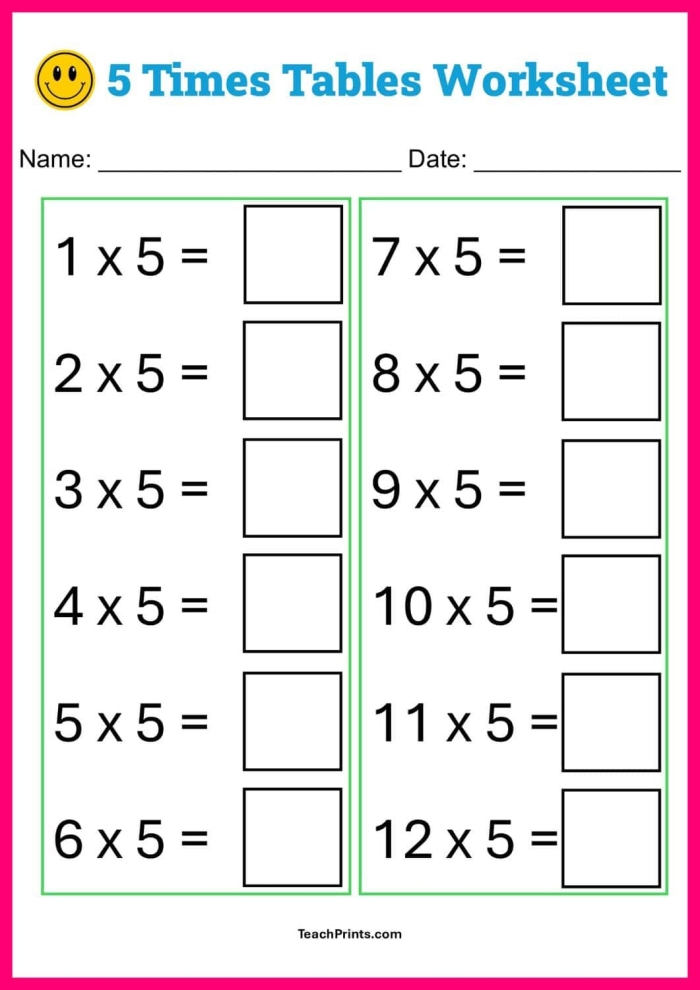 Third grade student working on a multiplying by five math worksheet with a multiplication chart
