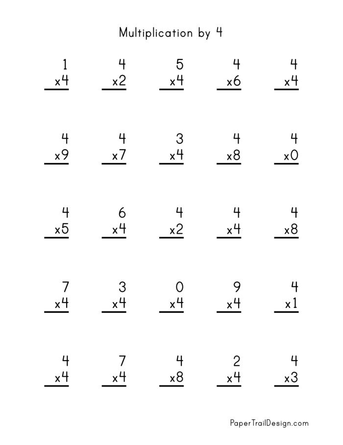 Third grade students working on a multiplying by four math worksheet, solving equations and filling in a multiplication chart. Engaging Multiplying by Four Worksheet for Third Graders in Place Value Category.
