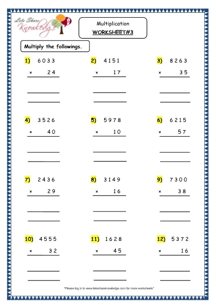 Third grade student practicing multiplication skills with a worksheet featuring four times table problems and a grid chart