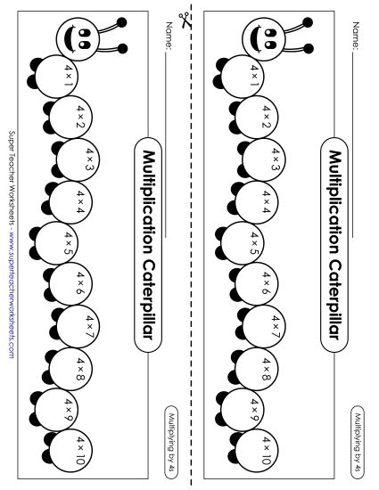 Third grade student working on a multiplying by four worksheet with a multiplication chart