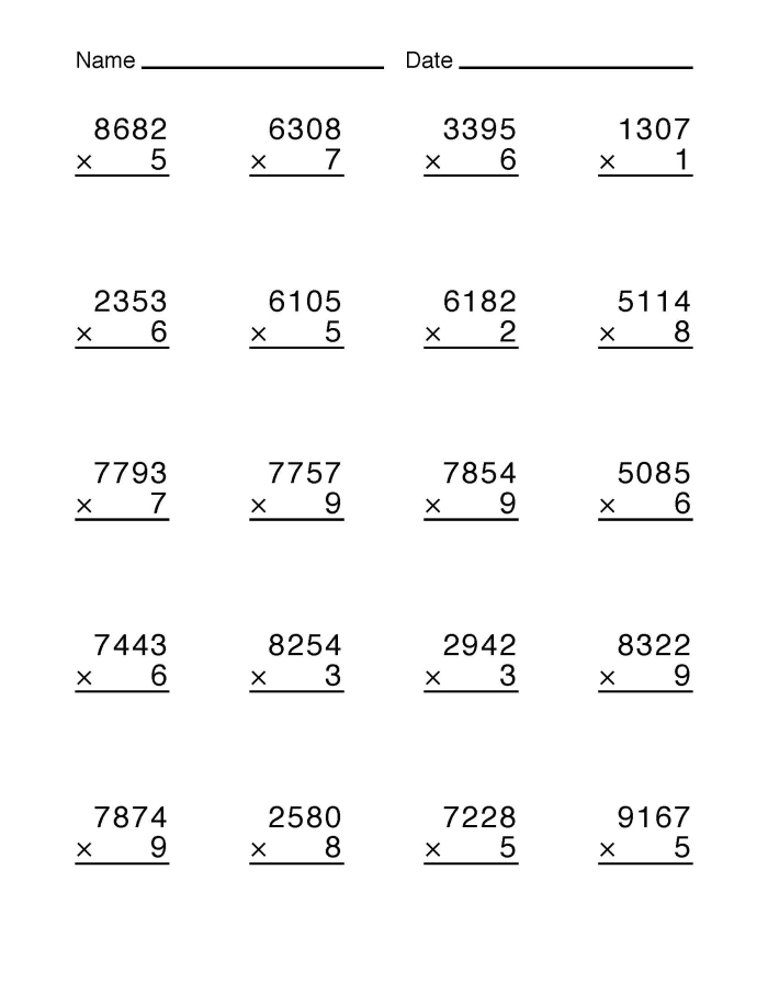 Third grade student solving equations and filling out a multiplication chart for the number four worksheet