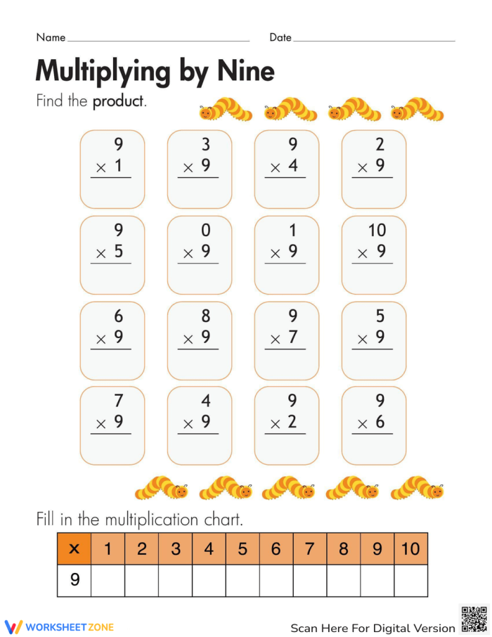 Third grade student practicing multiplication by nine on a printable math worksheet