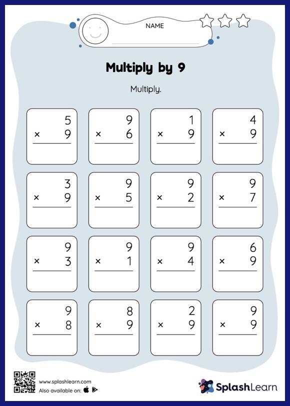 Third grade math worksheet showing multiplication problems with the number nine for building times tables fluency