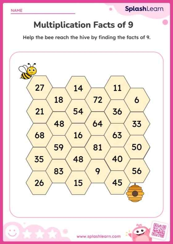 Third grade student practicing multiplication by nine worksheet problems