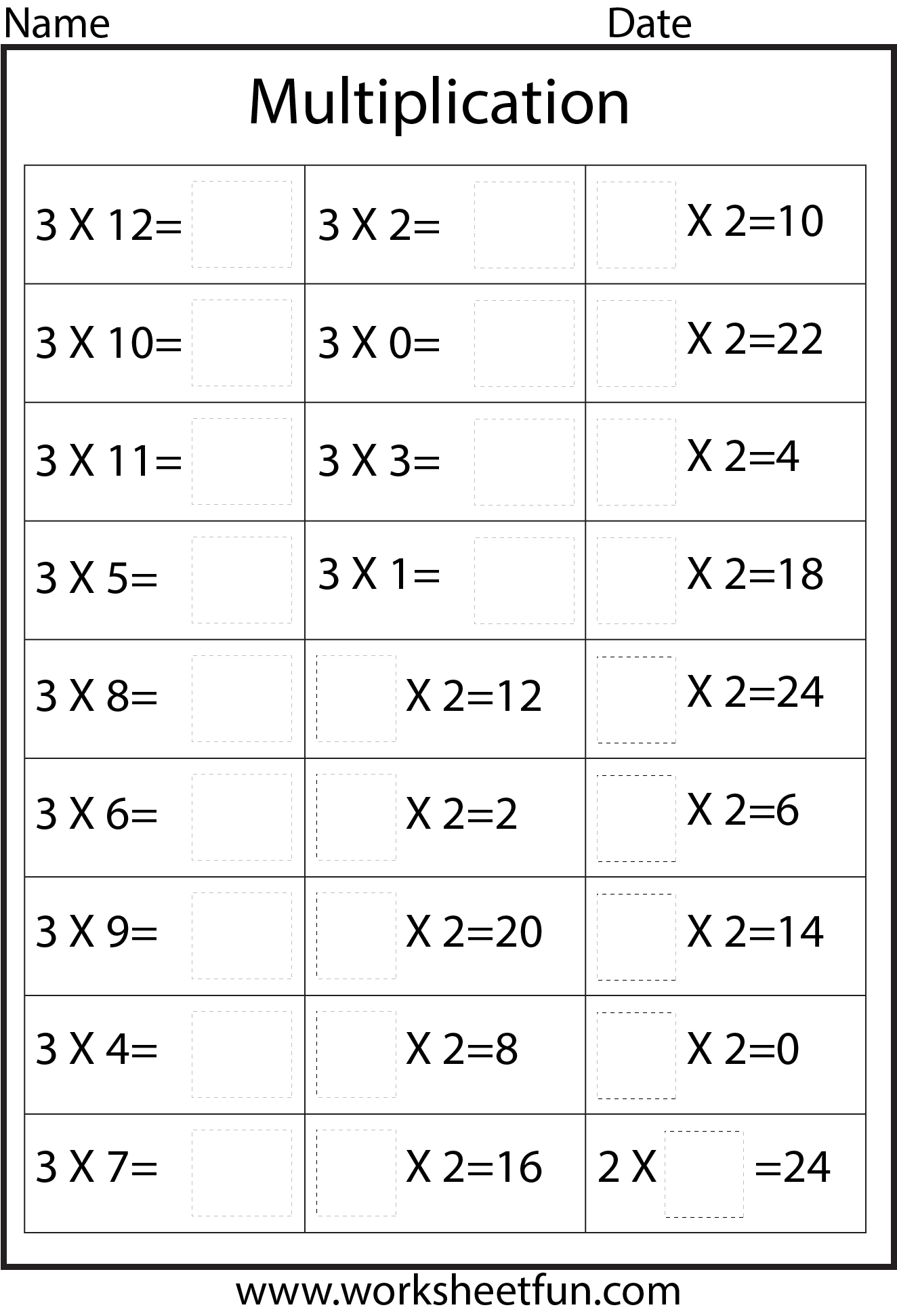 Third grade multiplication practice worksheet showing 9s times table facts exercises for learners