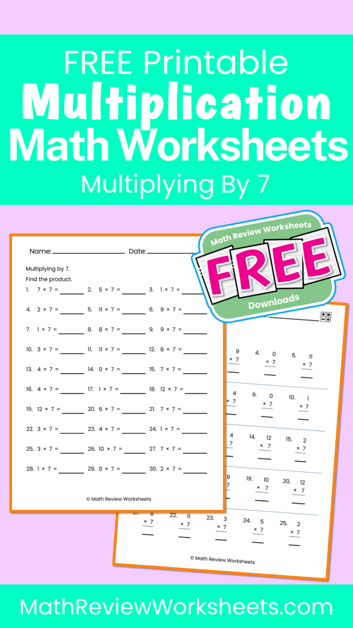 A third grade student working on a worksheet that focuses on multiplying by seven equations and a multiplication table.