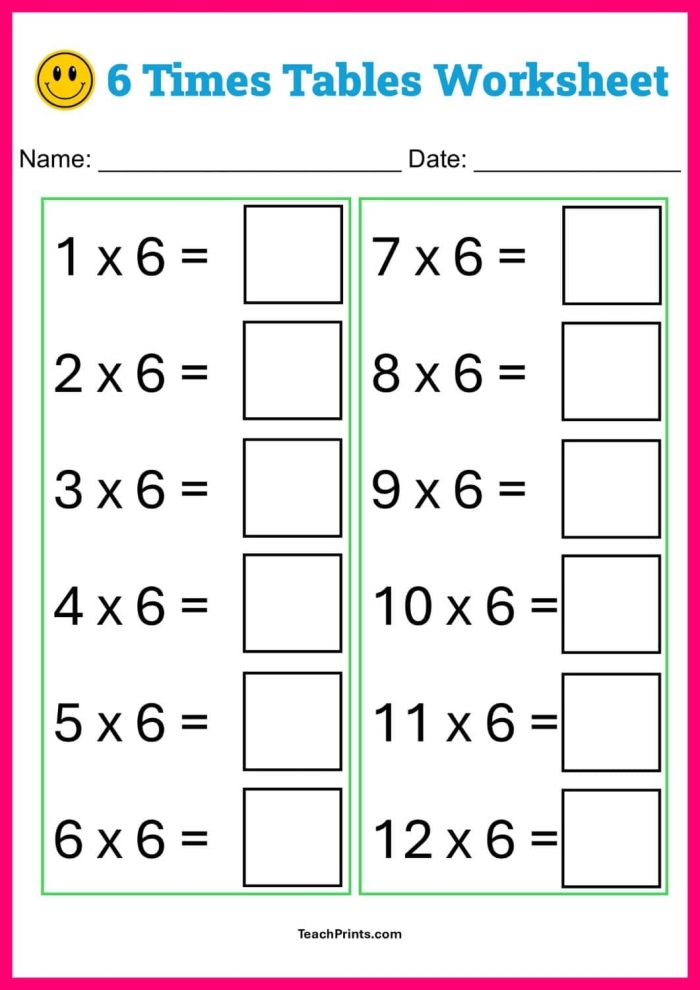 Students working on a third grade math worksheet focused on multiplying by six and completing a multiplication chart. Third grade math worksheet featuring multiplication by 6 with kids solving equations and filling in a chart.