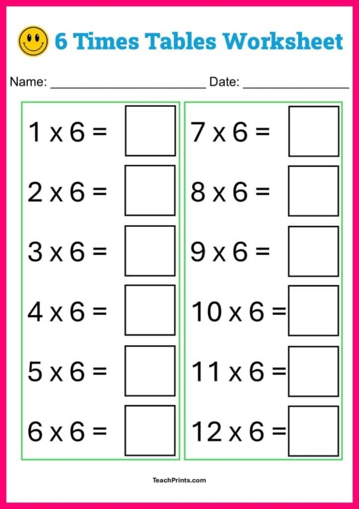 Third grade students practicing multiplication by solving equations and filling in a 6 times table chart