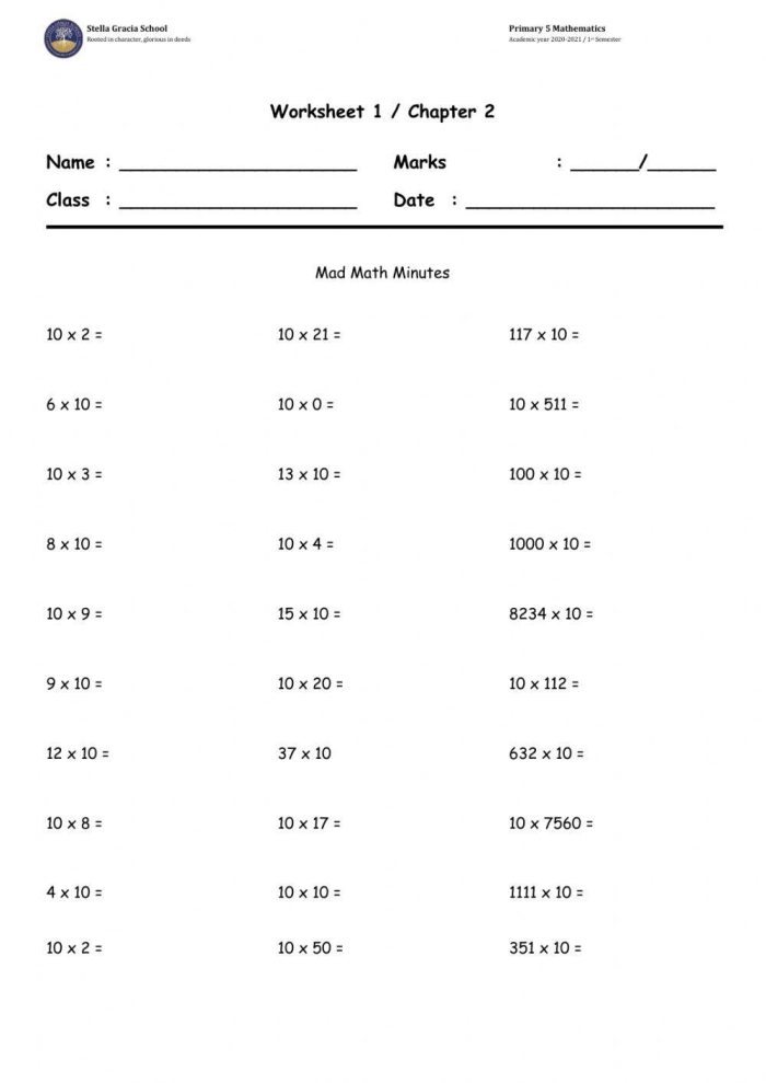 Multiplying by Ten Practice Activity for Grade 3 Students Third grade math worksheet showing multiplication equations and a chart for multiplying numbers by 10