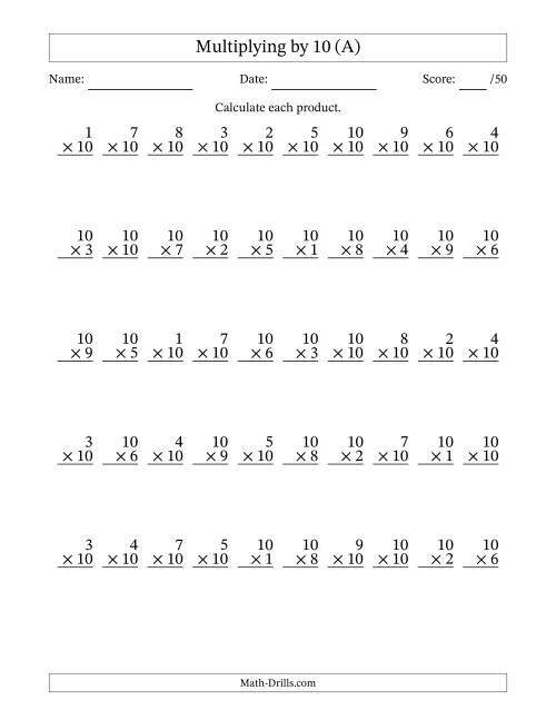 Multiplying by Ten Math Practice for Elementary Students Third grade students solving multiplication equations by 10 and completing a multiplication chart worksheet