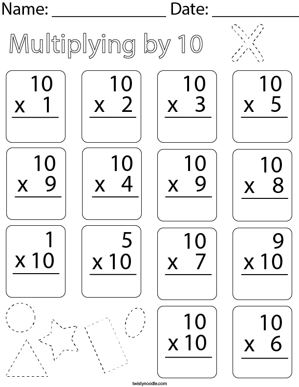 Multiplying by Ten Math Worksheet for Third Grade Students Third grade student practicing math skills by multiplying numbers by ten on a worksheet