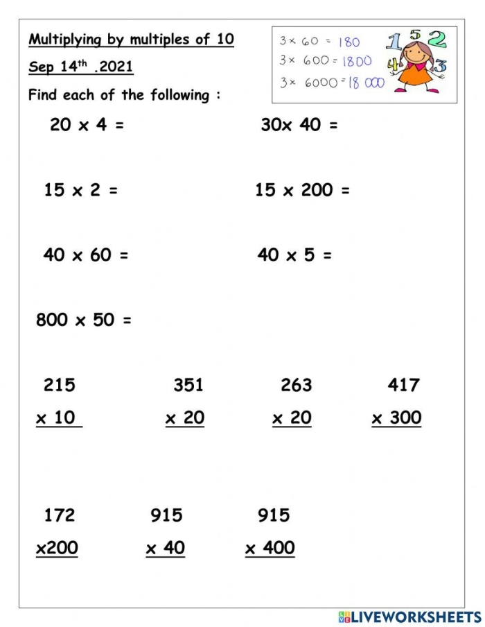 Multiplying by Ten Worksheet for Grade 3 Math Lesson 20 Third grade students practice math skills by solving multiplication equations and completing a 10s chart on this worksheet