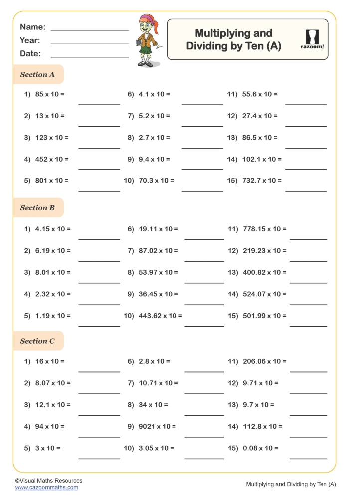 Multiplying by Ten Practice Problems for Elementary Math Students Third grade students solving multiplication equations by 10 and completing a multiplication chart worksheet