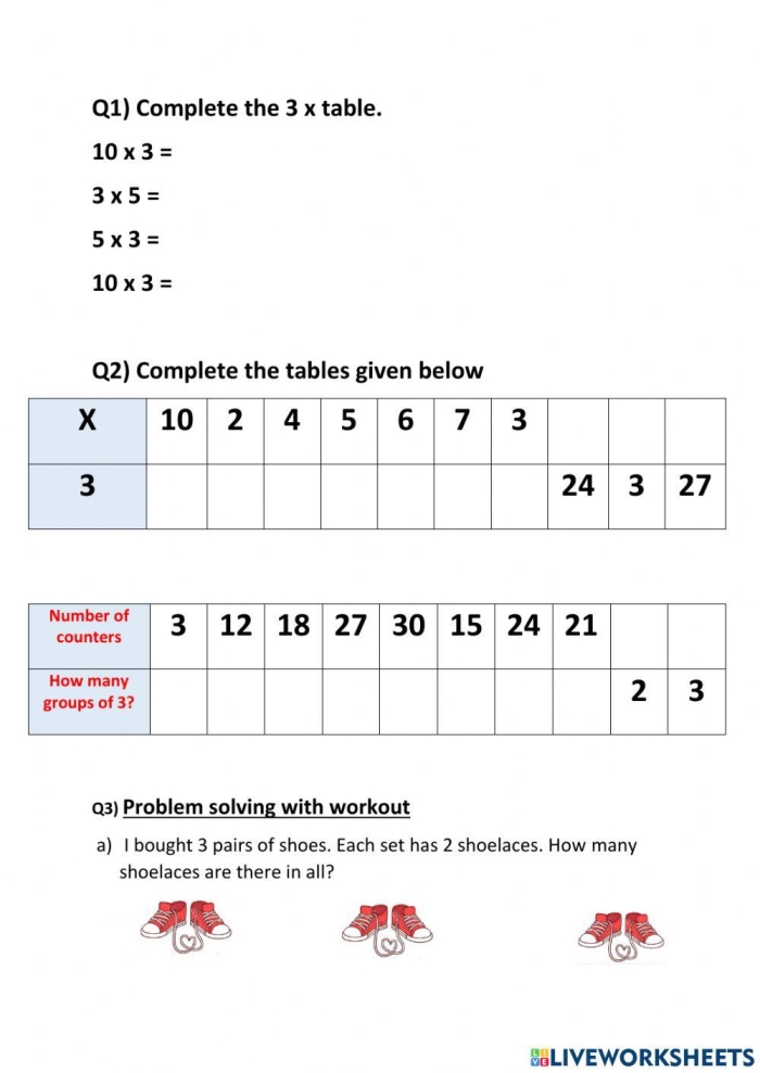 Third grade student solving multiplying by three math problems on a worksheet
