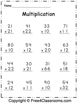 Students working on a third grade multiplying by two math worksheet, solving equations and filling in a chart. Engaging third grade math activity focusing on multiplication by 2.
