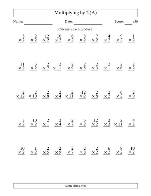 A third grade student working on a worksheet for multiplying by two to solve equations and complete a multiplication grid