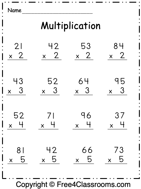 Third grade student practicing multiplication by two math problems and filling out a table