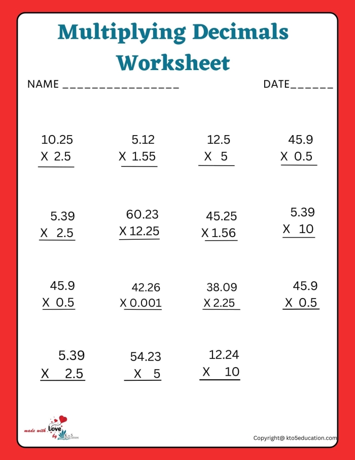 Fifth grade students learning multiplication of decimal numbers with step-by-step examples and practice problems on a worksheet