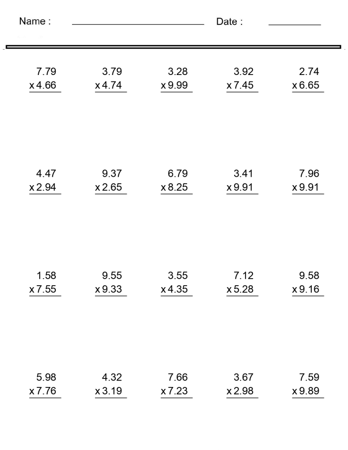 Fifth grade worksheet featuring a step-by-step tutorial and practice exercises for multiplying decimals 19