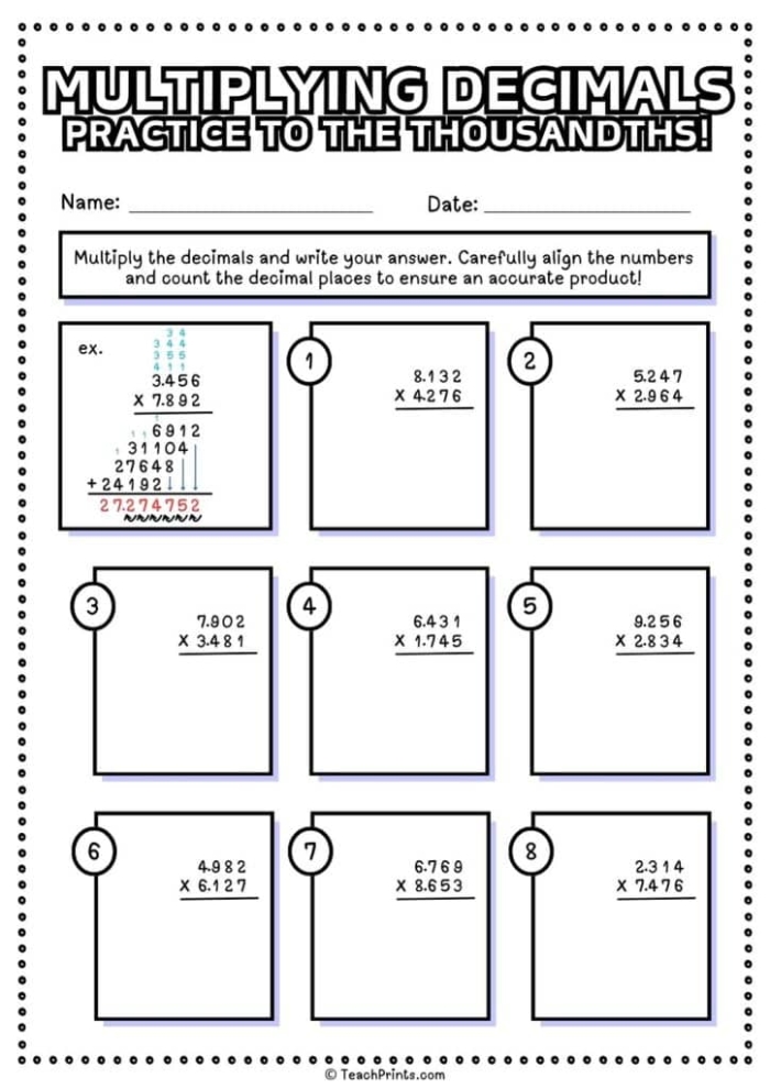 Worksheet for practicing how to multiply decimals with step-by-step instructions