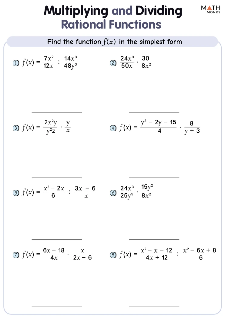Practice sheet for seventh grade: Multiplying and Dividing Rational Numbers Worksheet featuring exercises on multiplying and dividing rational numbers for seventh graders