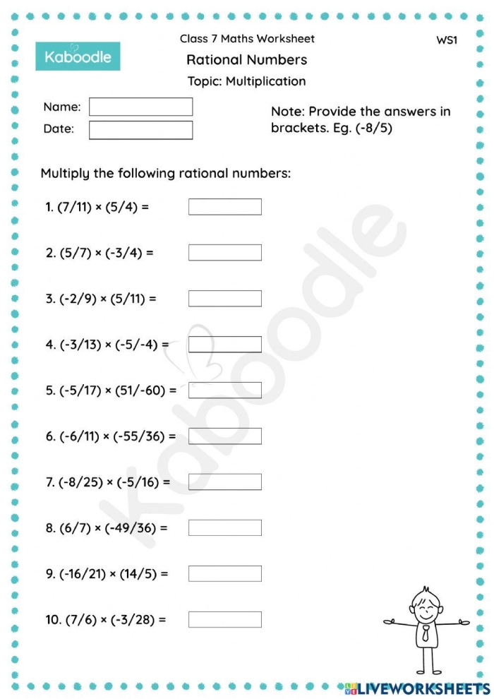 Seventh-grade worksheet on multiplying and dividing rational numbers, image 17 Worksheet for practicing multiplication and division of rational numbers for seventh graders