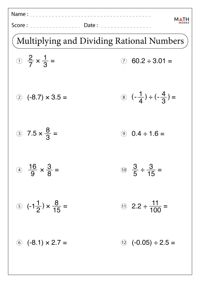 Seventh-grade worksheet focusing on multiplying and dividing fractions, decimals, and mixed numbers Worksheet for practicing the multiplication and division of rational numbers for seventh graders