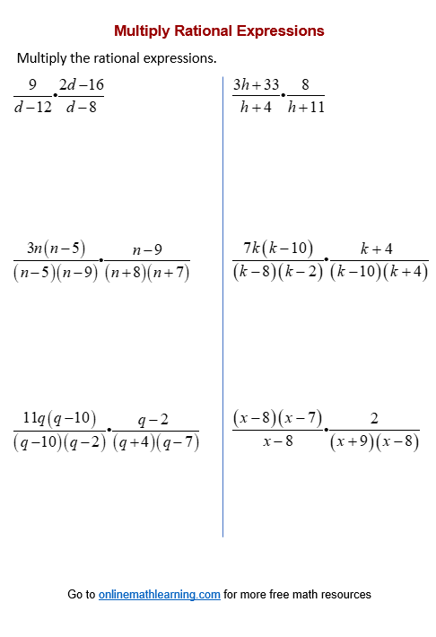 Worksheet image for practicing the multiplication and division of rational numbers including fractions and decimals Multiplying and Dividing Rational Numbers worksheet for seventh-grade students featuring various exercises