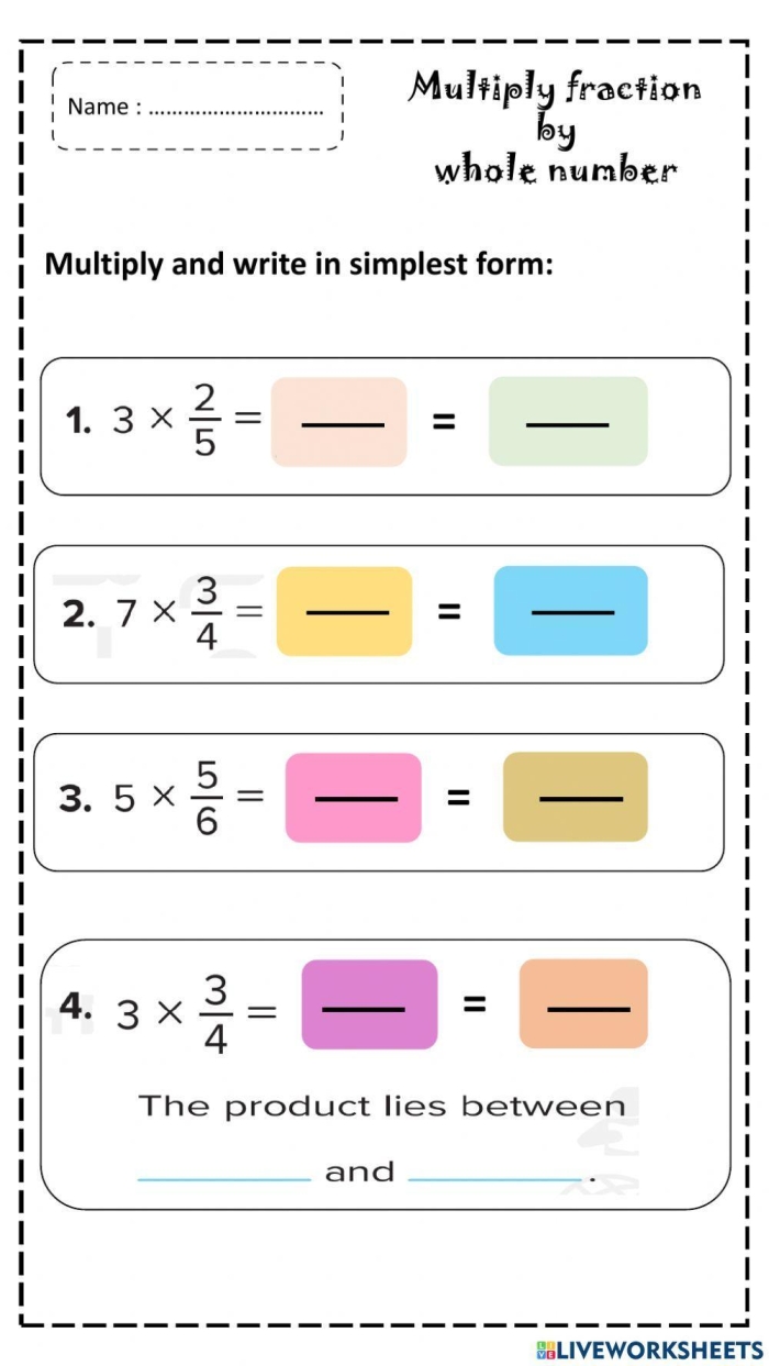 Worksheet featuring exercises on multiplying fractions with whole numbers for fourth-grade students
