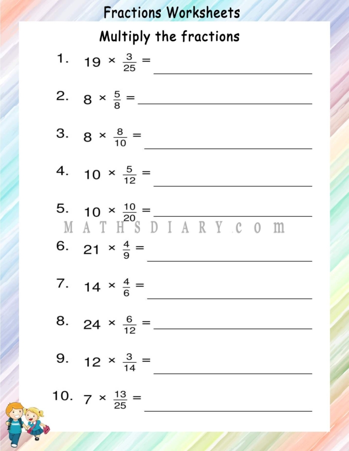 Fourth grade math worksheet featuring practice problems for multiplying fractions by whole numbers 21