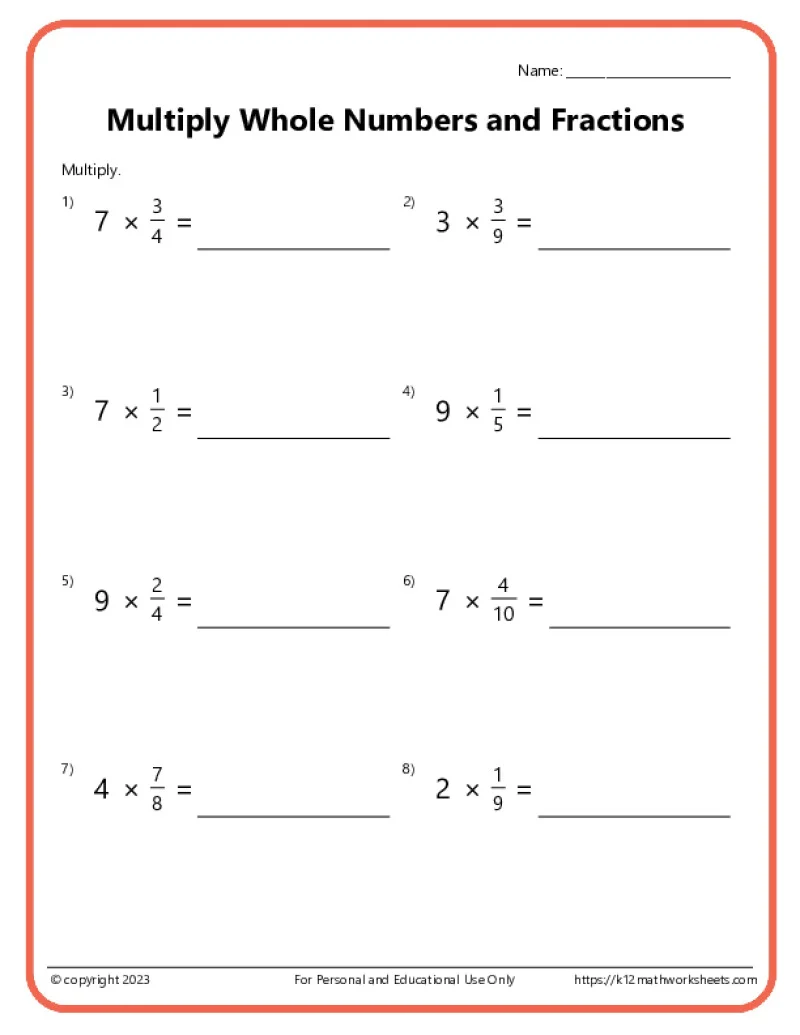 worksheet for practicing how to multiply fractions in fifth grade