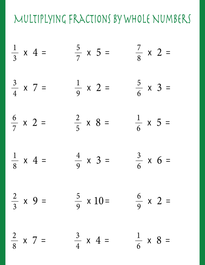 Fifth grade math worksheet featuring fourteen equations for multiplying whole numbers by fractions