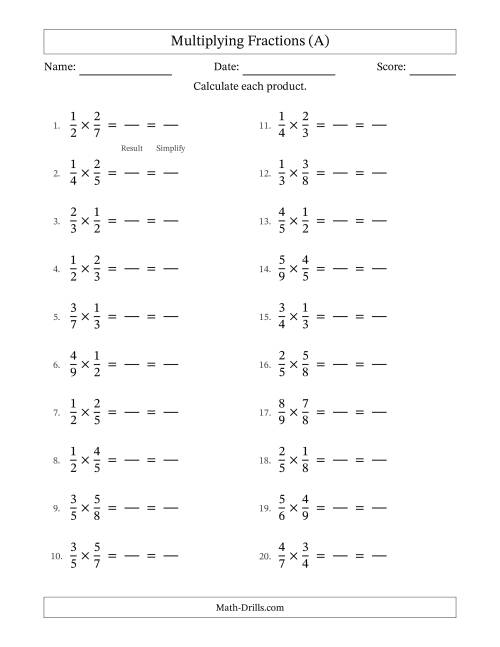 Fifth grade math worksheet featuring problems for multiplying fractions by fractions
