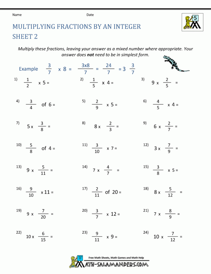 Worksheet designed for fifth graders to practice multiplying fractions by fractions