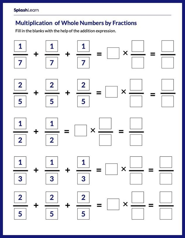 Fourth grade student practicing multiplying fractions by whole numbers on a math worksheet