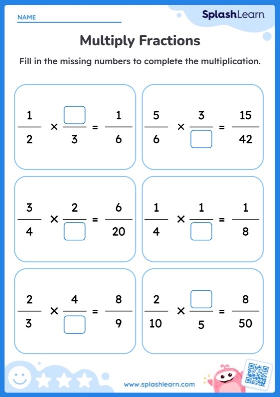 Fifth grade math worksheet featuring practice problems for multiplying fractions by fractions