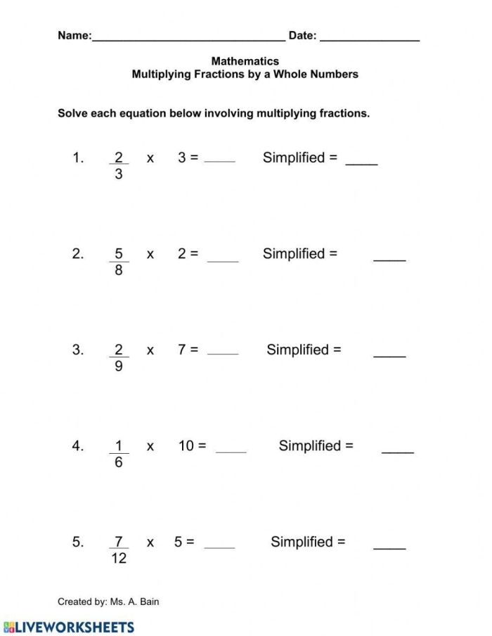 Fourth grade student working on a worksheet for multiplying fractions by whole numbers