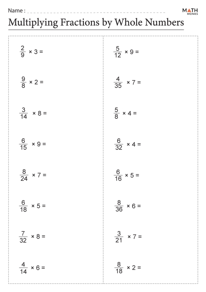 Fourth grade math worksheet for practicing multiplying fractions by whole numbers